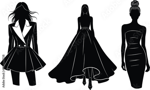 Set of elegant female fashion silhouettes featuring luxury evening gowns and stylish blazer dress, minimalist black and white haute couture illustrations