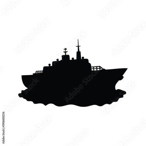 ship in fog silhouette silhouette vector illustration, Modern navy warship sailing on wavy ocean waves silhouette vector illustration with detailed mast and deck design