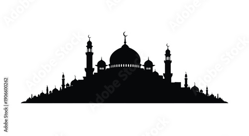 Mosque Silhouette with Domes and Minarets on Hilltop Landscape