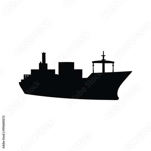 ship loading containers silhouette vector illustration, Modern cargo ship silhouette vector illustration with container stacks and bridge tower for maritime design projects