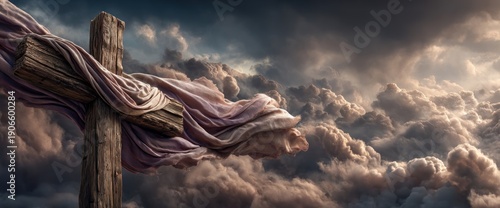 Panel kuchenny z motywem Wooden Cross With Flowing Cloth Against Dramatic Storm Clouds Symbolizing Faith Sacrifice Hope and Resurrection Spiritual Art Generative AI