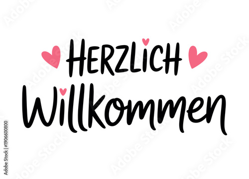 Herzlich Willkommen - German Welcome Greeting with Pink Hearts