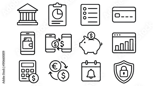 Finance icons set including bank, credit card, and piggy bank vector illustration
