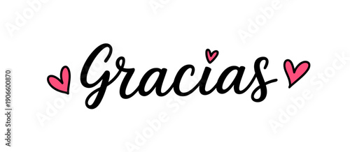 Gracias hand lettering with pink hearts on white background