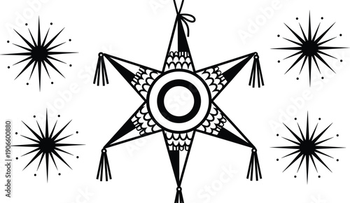 Traditional Mexican star pinata and festive sparkle silhouettes set, cultural party decoration icons for birthday, celebration, and holiday event design projects