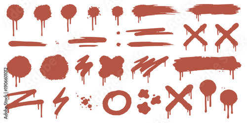 Collection of distressed spray paint splatters, drips and brush strokes in a rustic red color palette for grunge design elements.