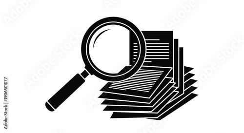 A magnifying glass examining a stack of papers with horizontal lines