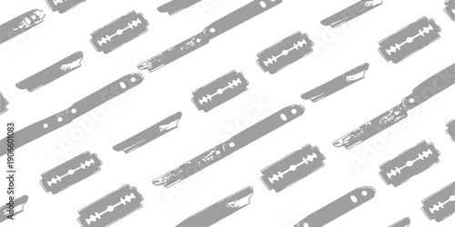 Seamless pattern of vintage straight razors and blades with a distressed texture for barber shop or grooming design