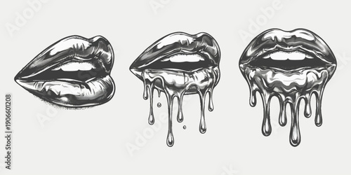 Set of three metallic liquid dripping lips in a realistic hand-drawn sketch style vector illustration