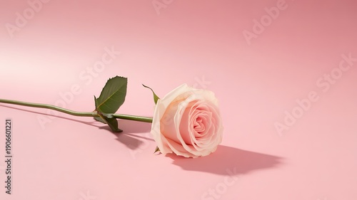 A single delicate pink rose with a green stem and leaf on a light pink background