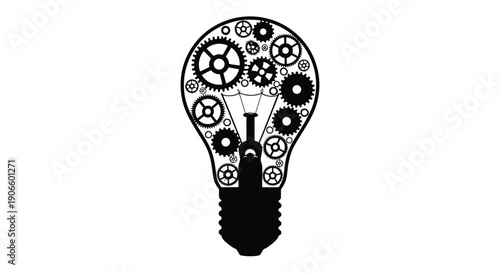 A lightbulb silhouette filled with intricate mechanical gears