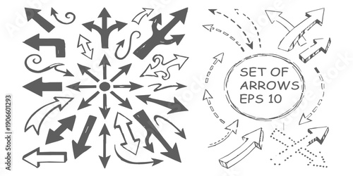 Collection of hand-drawn and solid arrows pointing in various directions, representing movement and directionality, vector illustration