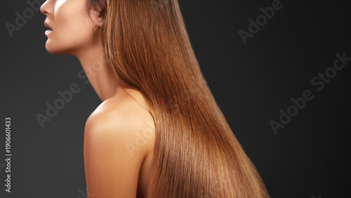 Sleek Glossy Brown Hair Cascading Down, Close Up Profile Of Model Showcasing Keratin Treatment Results, Studio Lighting Highlighting Smooth Texture And Luminous Shine, Saloninspired Luxury Beauty Mood