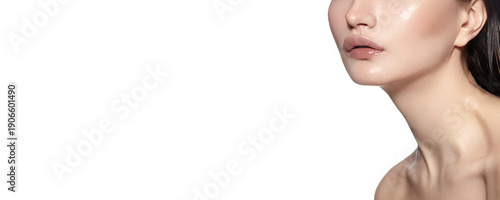 Beautiful Woman Closeup Showcasing Dewy Skin And Glossy Lips, Defined Jawline, Subtle Highlighter Catching Studio Light, Minimal Makeup, Smooth Poreless Texture, Calm Elegant Mood, Lips, Cosmetics