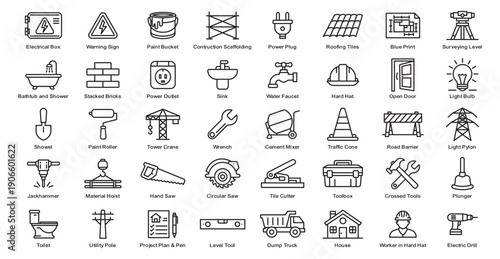 Construction and home repair icon set for building tools and maintenance apps in line and fill style