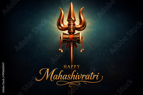 Golden Trident with Happy Mahashivratri Text on Dark Background