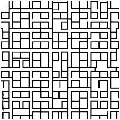 Mid century modern geometric breeze block pattern with abstract rectangular shapes in black lines on white background for design and architecture inspiration