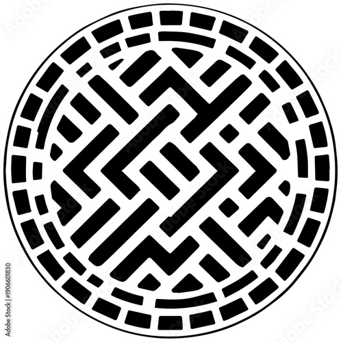 Non slip manhole cover with geometric raised pattern black and white design for safety and accessibility