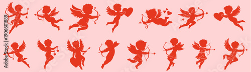 Valentine’s Day cupid angels set with bow and arrow, flying and hovering love angels with hearts, romantic cupid silhouettes for February 14, Saint Valentine’s Day 14.02 celebration