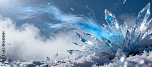 Vector illustration of an icy wind flash effect with crystal sparks and frosty fog.