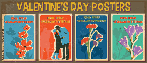 Be My Valentine! Valentine's Day Retro Postcard Style Illustrations. Couple in Love, Poppy, Carnation, Lily Flowers Bouquets 1960s Vintage Colors, Aged Paper Texture, 14 February Posters