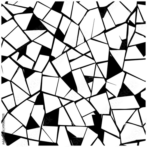Abstract shattered glass facade pattern with sharp shards and black lines on white background