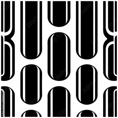 Retro futurism space age oval cutout pattern design with black and white geometric shapes