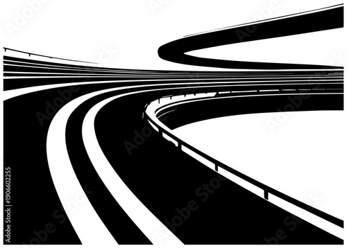 Spiral parking garage ramp with abstract curved road lines and guardrails on white background
