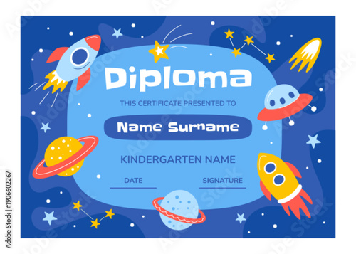School diploma template for kids and children in kindergarten, primary classes, preschool with rockets, planets, stars and constellations in cosmic space. Certificate in science on blue background