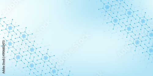 Health care or medical abstract background with hexagons, lines and dots. Scientific innovation banner template concept. Biology and pharmaceutical technology background. illustration.