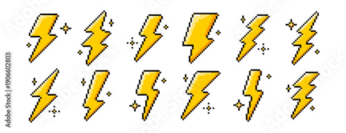 Pixel art lightning bolt icons in retro 8bit style. Yellow electric thunder symbols for video games, ui, hud, buttons and arcade design. Energy, voltage or power pixeled elements on white background