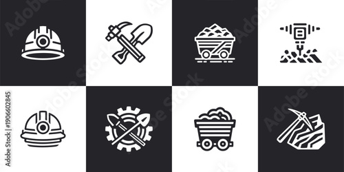 Icon Set Vector of 8 Heavy Industry Mining and Construction Equipment