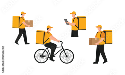 Delivery service characters in yellow uniform with boxes and bicycle