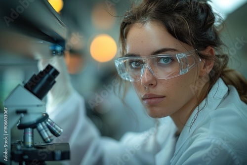 Young Female Scientist Wearing Safety Goggles Working With Microscope in Modern Laboratory Environment Research Innovation Generative AI