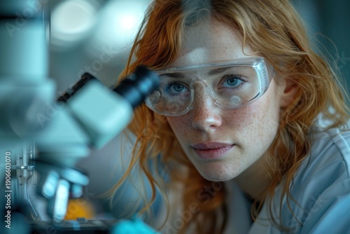 Young Female Scientist Wearing Safety Goggles Working With Microscope in Modern Laboratory Environment Research Innovation Generative AI