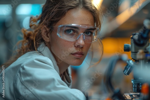 Young Female Scientist Wearing Safety Goggles Working With Microscope in Modern Laboratory Environment Research Innovation Generative AI