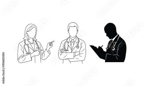 Doctors and medical staff in silhouette and line art styles