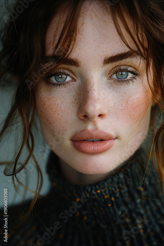 Close Up Portrait of Young Woman With Freckles Blue Eyes and Natural Beauty Soft Light Cinematic Realistic Photography Generative AI
