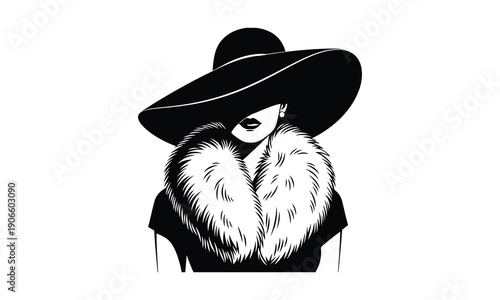 Elegant woman wearing wide brimmed hat and luxury faux fur neck wrap