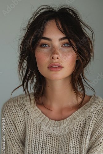 Natural Portrait of Young Woman with Freckles Blue Eyes Soft Light Minimal Studio Fashion Aesthetic Editorial Plus Generative AI