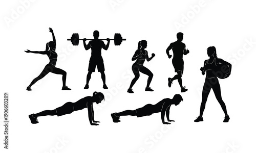 Fitness and exercise silhouettes, people working out