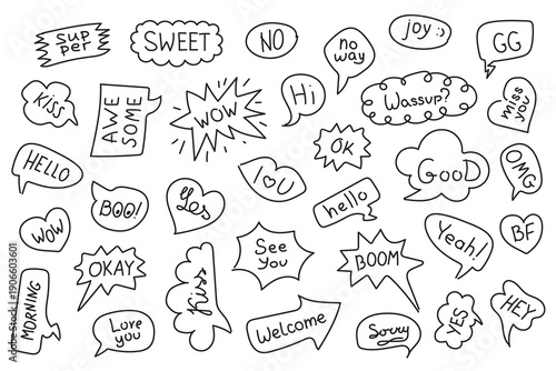 Black and White Hand Drawn Speech Bubble Doodles with Cute Words and Comic Style Chat Stickers Collection