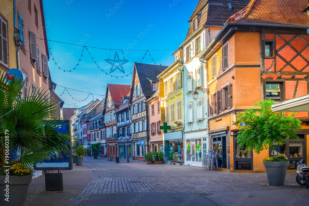 Obraz premium pedestrian street of Colmar, most famous town of Alsace, France, retro toned