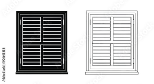 Two window shutters one black and one white depicted in a graphic style