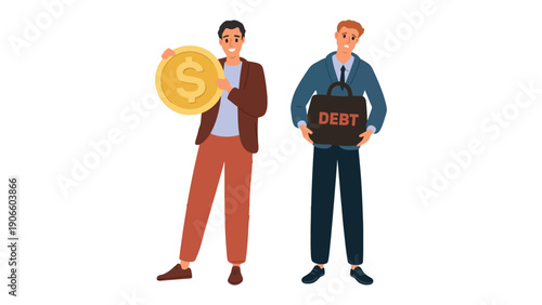 A cartoon illustration of two men representing financial concepts, one with a coin and the other with debt.