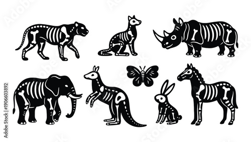 Skeleton animal icons set with various creatures in black and white