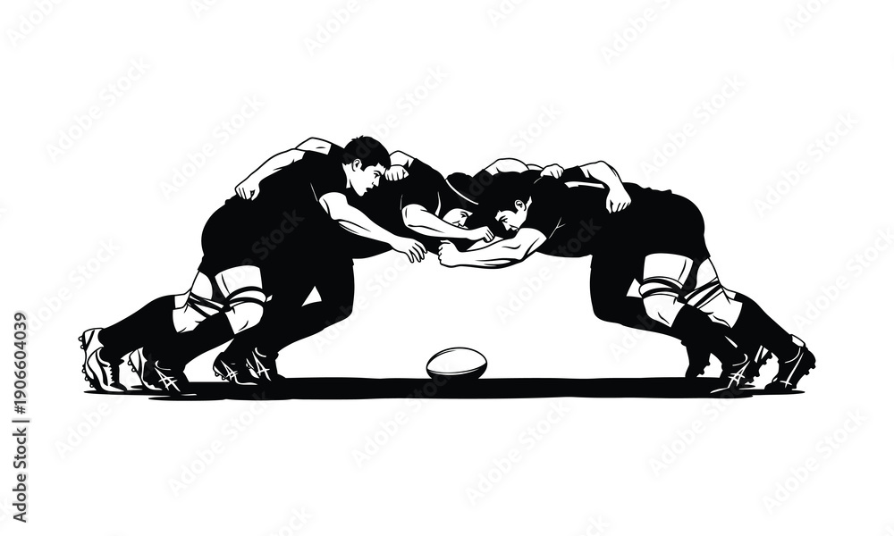 Fototapeta premium Rugby scrum in silhouette, team sport and competition