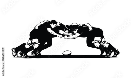 Rugby scrum in silhouette, team sport and competition