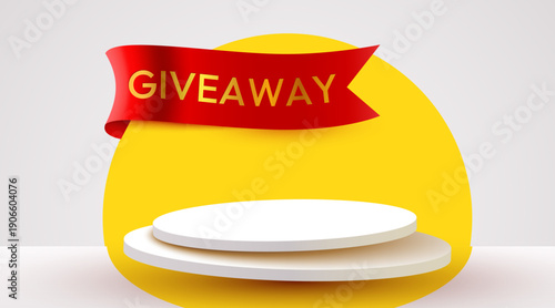 Giveaway podium on a yellow abstract background with a red ribbon, perfect for online promotions and contests. Vector illustration.