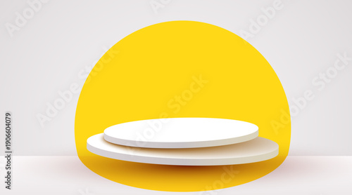 Minimalist 3D product display with a two-tier white podium against a vibrant yellow and white geometric background. Vector illustration